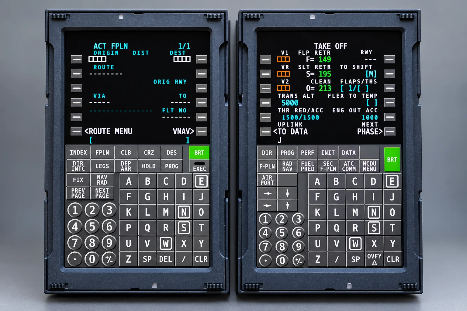 Two LAS TFMC touchscreen units showing Boeing and Airbus layouts