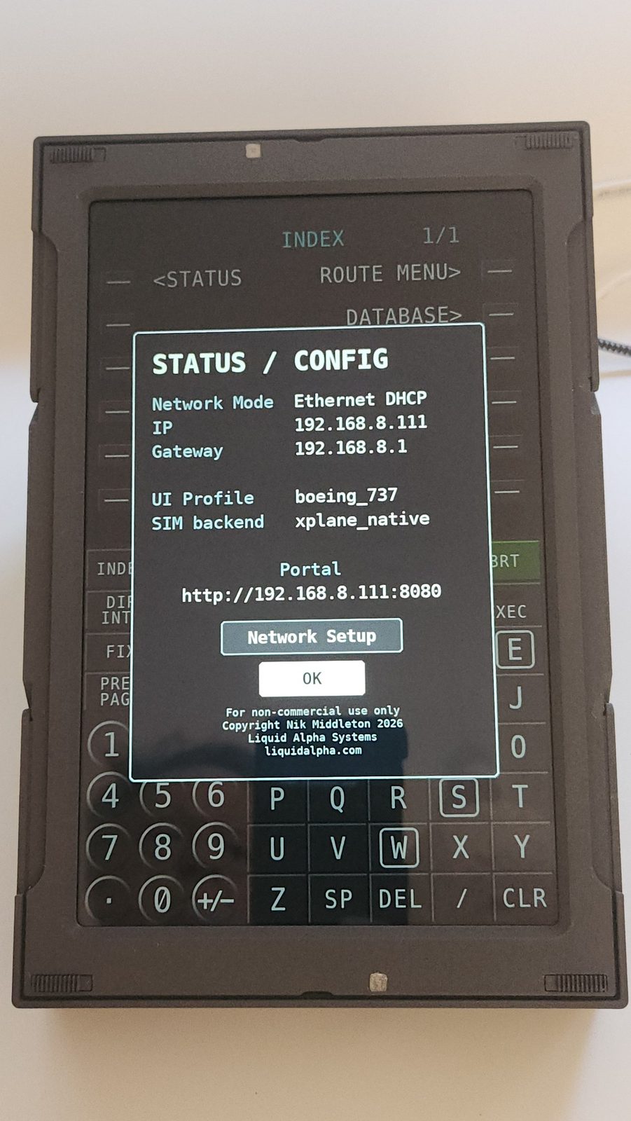 On-device status/configuration view during development testing.