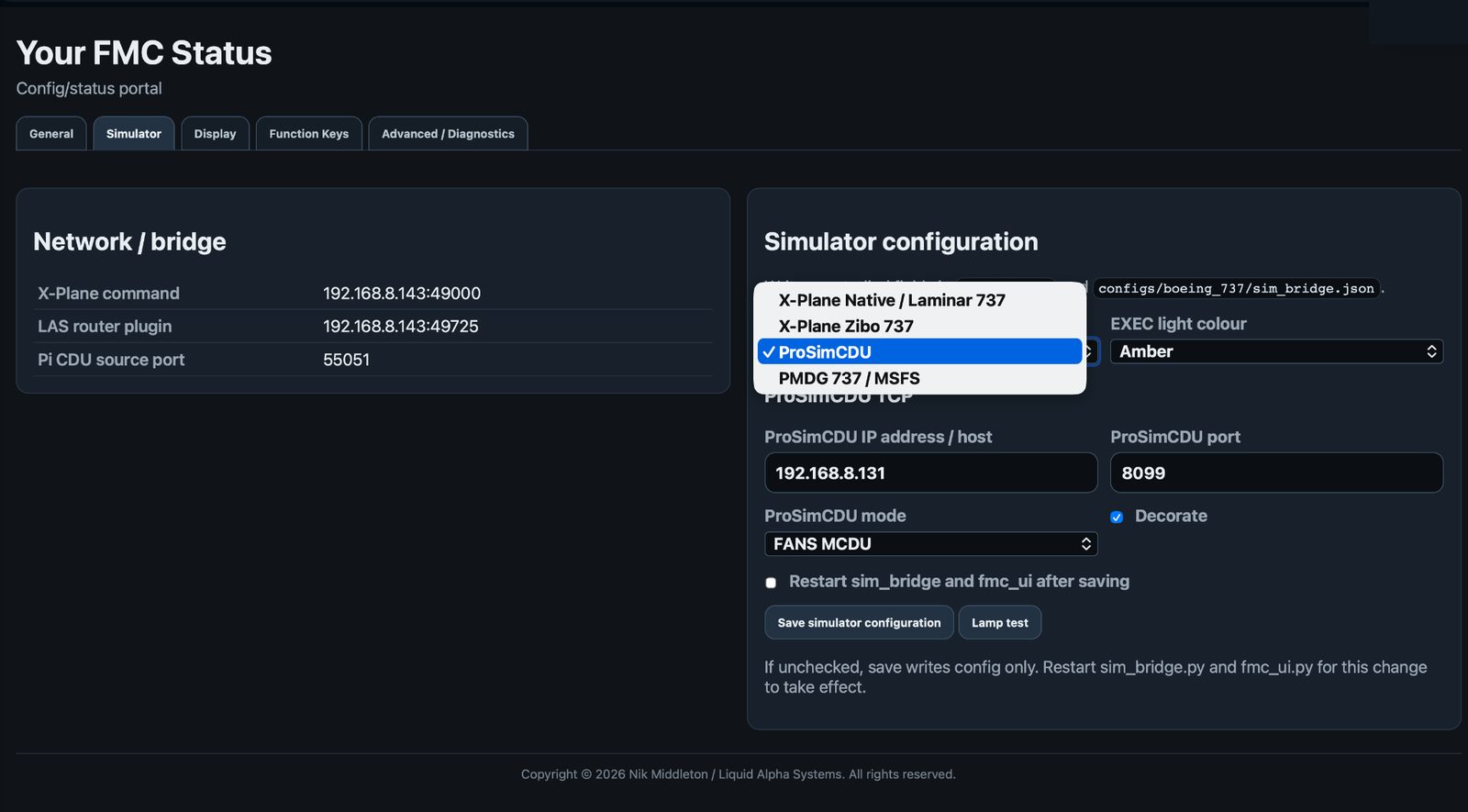 Built-in local configuration portal for simulator selection and diagnostics.